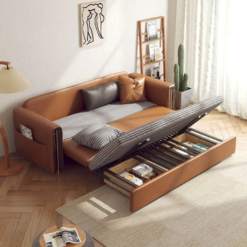 Brown Convertible Sofa Comfortable Leather Sleeper Sofa with Storage
